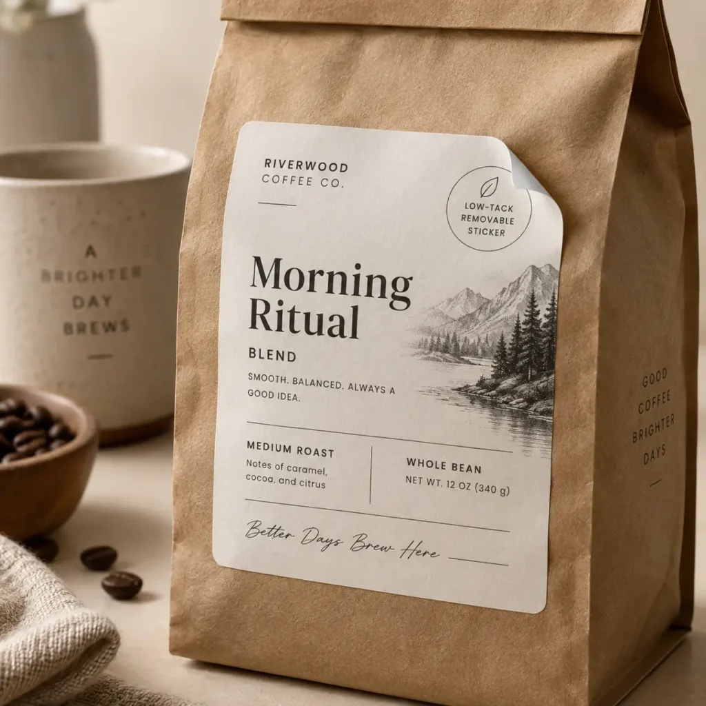 Kraft paper coffee bag with white Morning Ritual Blend label, medium roast whole bean packaging design by Riverwood Coffee Co.