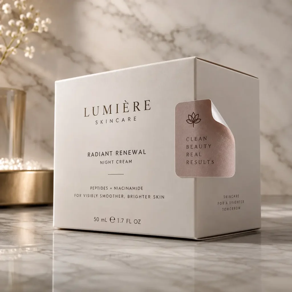 Lumière Skincare Radiant Renewal Night Cream 50ml luxury white box packaging on marble surface with gold accents