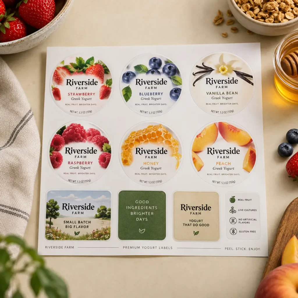 Riverside Farm Greek Yogurt premium label sheet featuring strawberry, blueberry, vanilla, raspberry, honey, and peach flavors on cream background