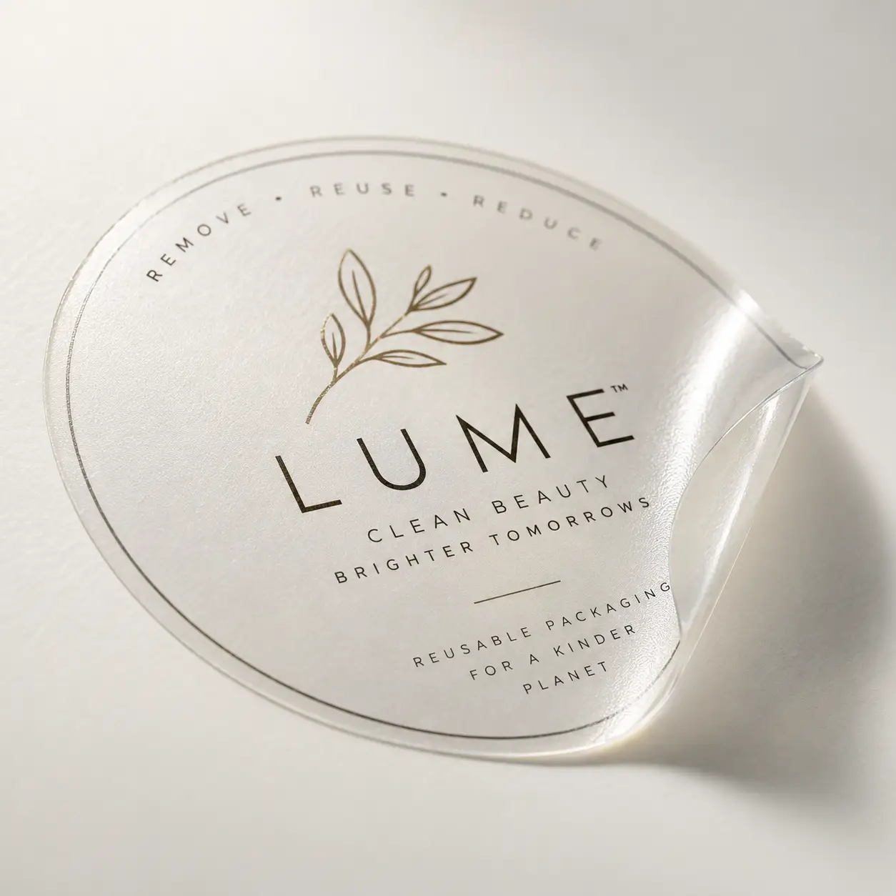 Lume clean beauty brand circular frosted sticker label with gold botanical design on white background, reusable eco packaging