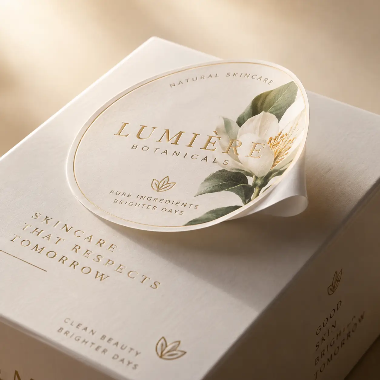 Lumière Botanicals natural skincare oval label with white magnolia on cream luxury gift box, gold foil text, clean beauty packaging design