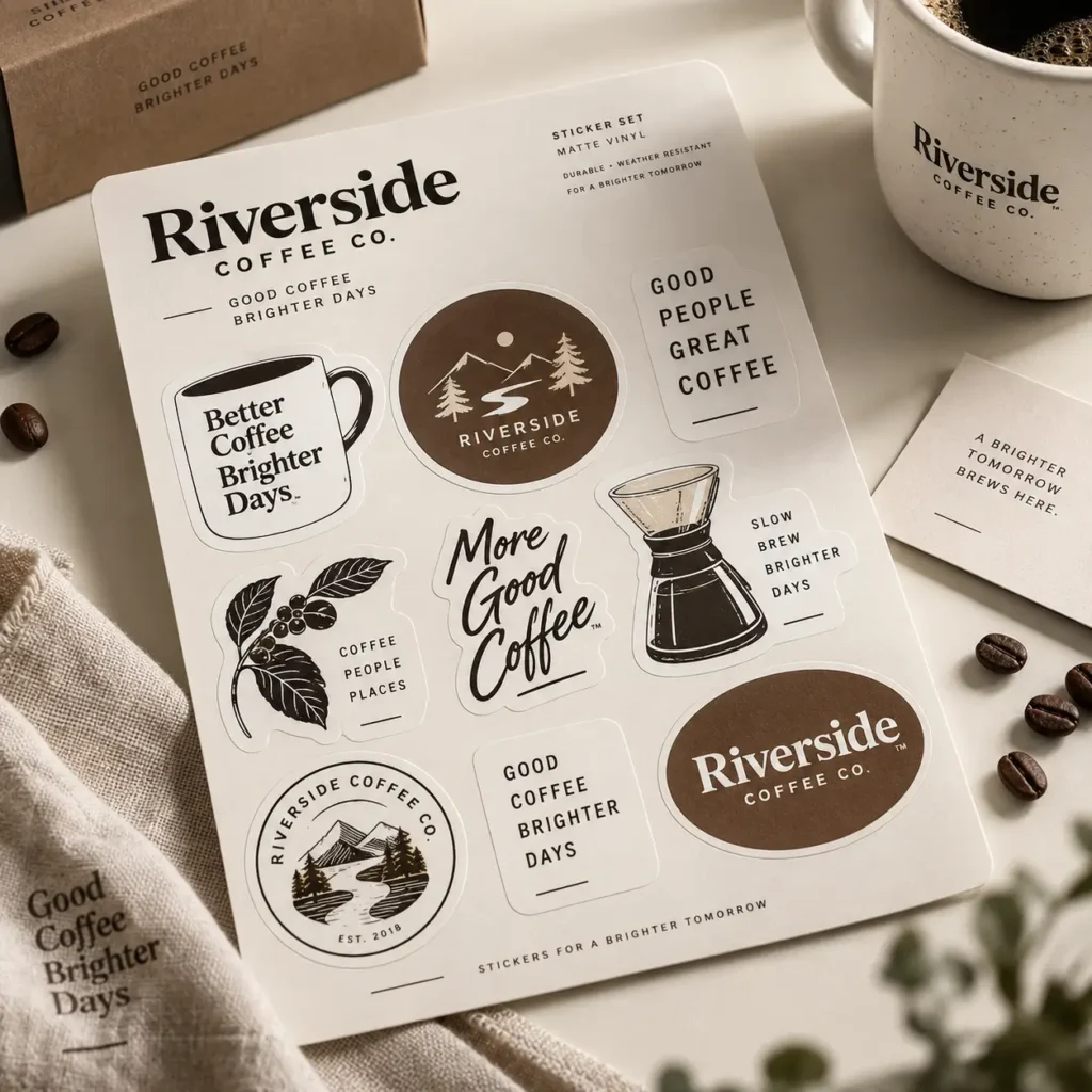 Riverside Coffee Co. matte vinyl sticker sheet set with brown mountain logo, coffee mug, and botanical designs on white background