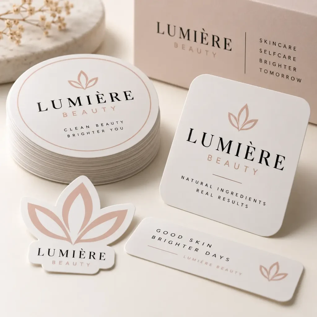 Lumière Beauty custom stickers and packaging set in white and rose gold, featuring round, square, and die-cut logo sticker designs