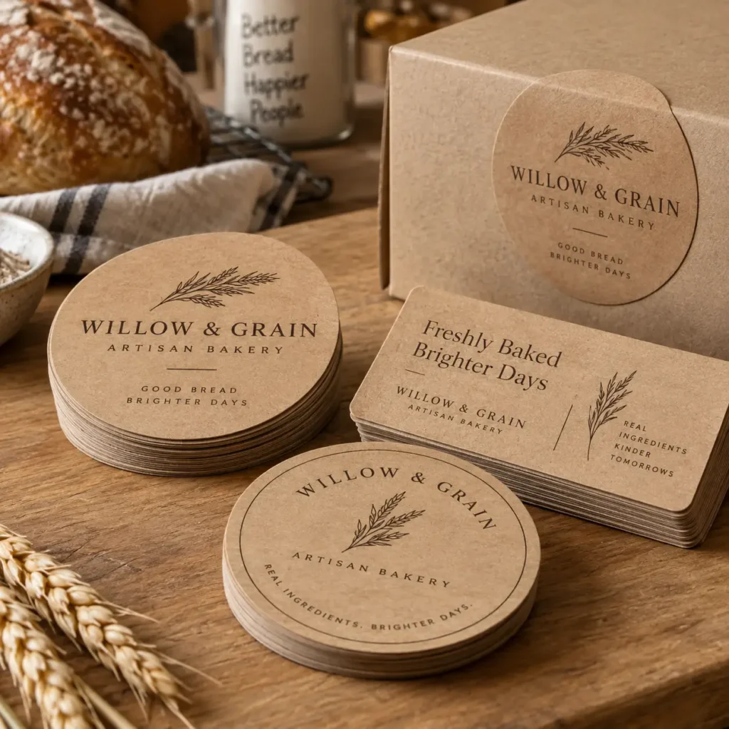 Kraft paper bakery packaging set with round stickers and business cards for Willow & Grain Artisan Bakery on rustic wooden table