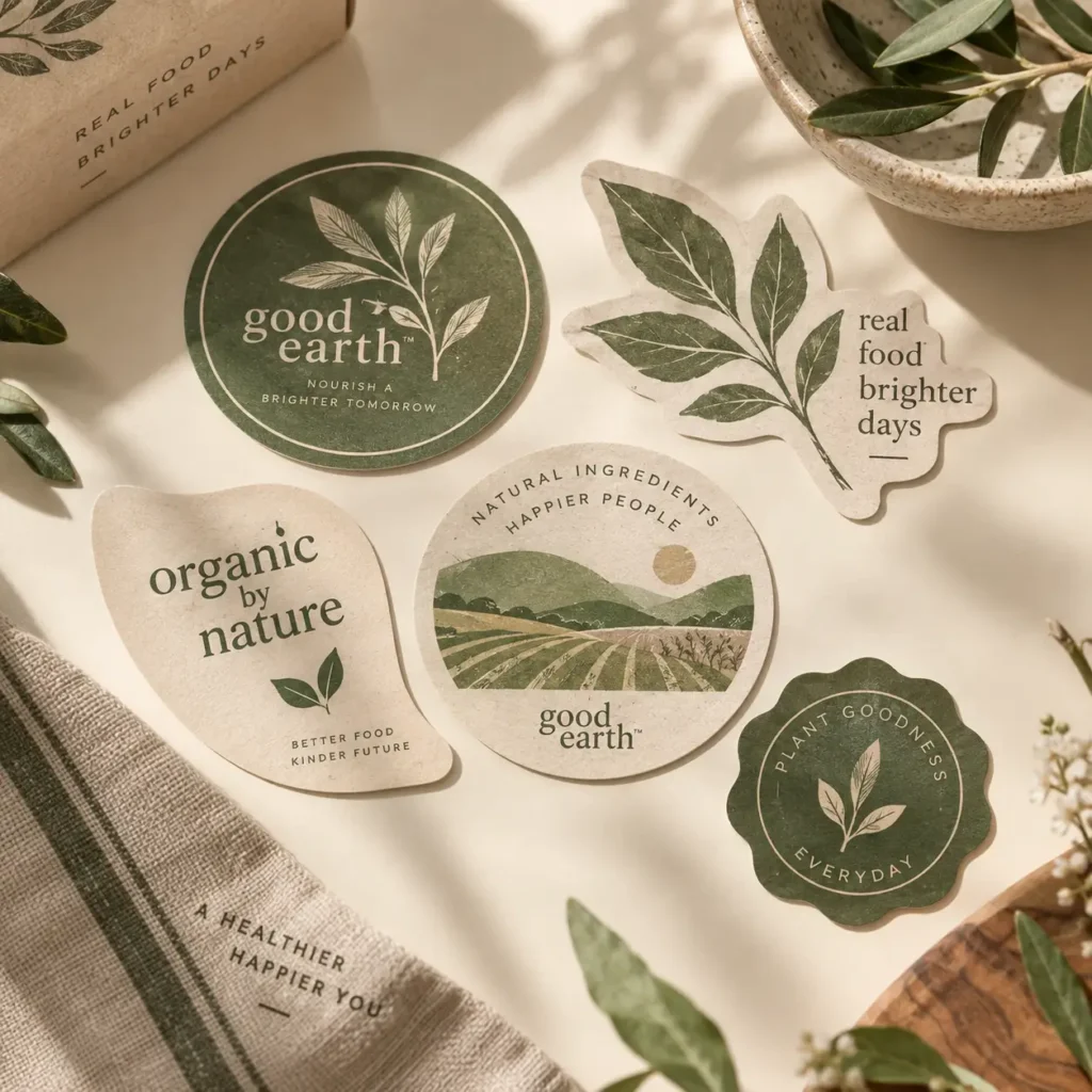 Green organic brand stickers for Good Earth featuring botanical labels, leaf designs, and eco-friendly packaging elements on cream background