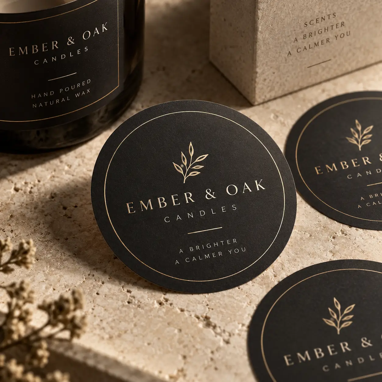 Ember & Oak luxury candle packaging with black gold foil round stickers, dark glass jar, and kraft box on stone surface