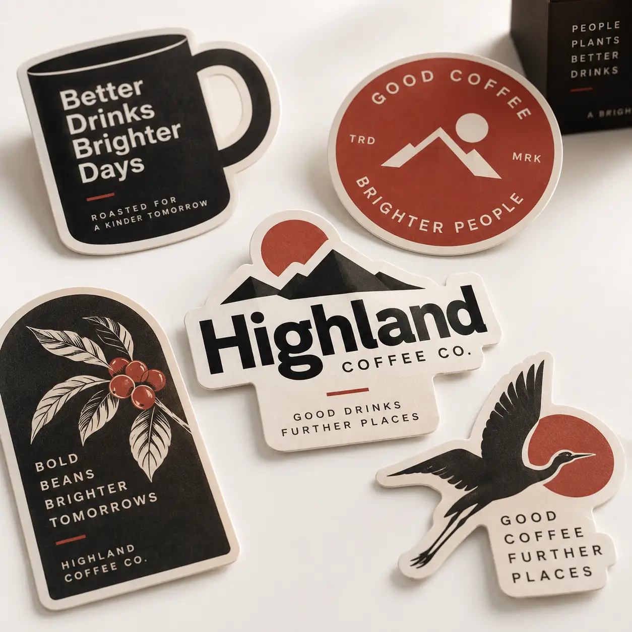 Highland Coffee Co sticker pack collection featuring black red cream coffee branding designs with mountain bird and mug motifs