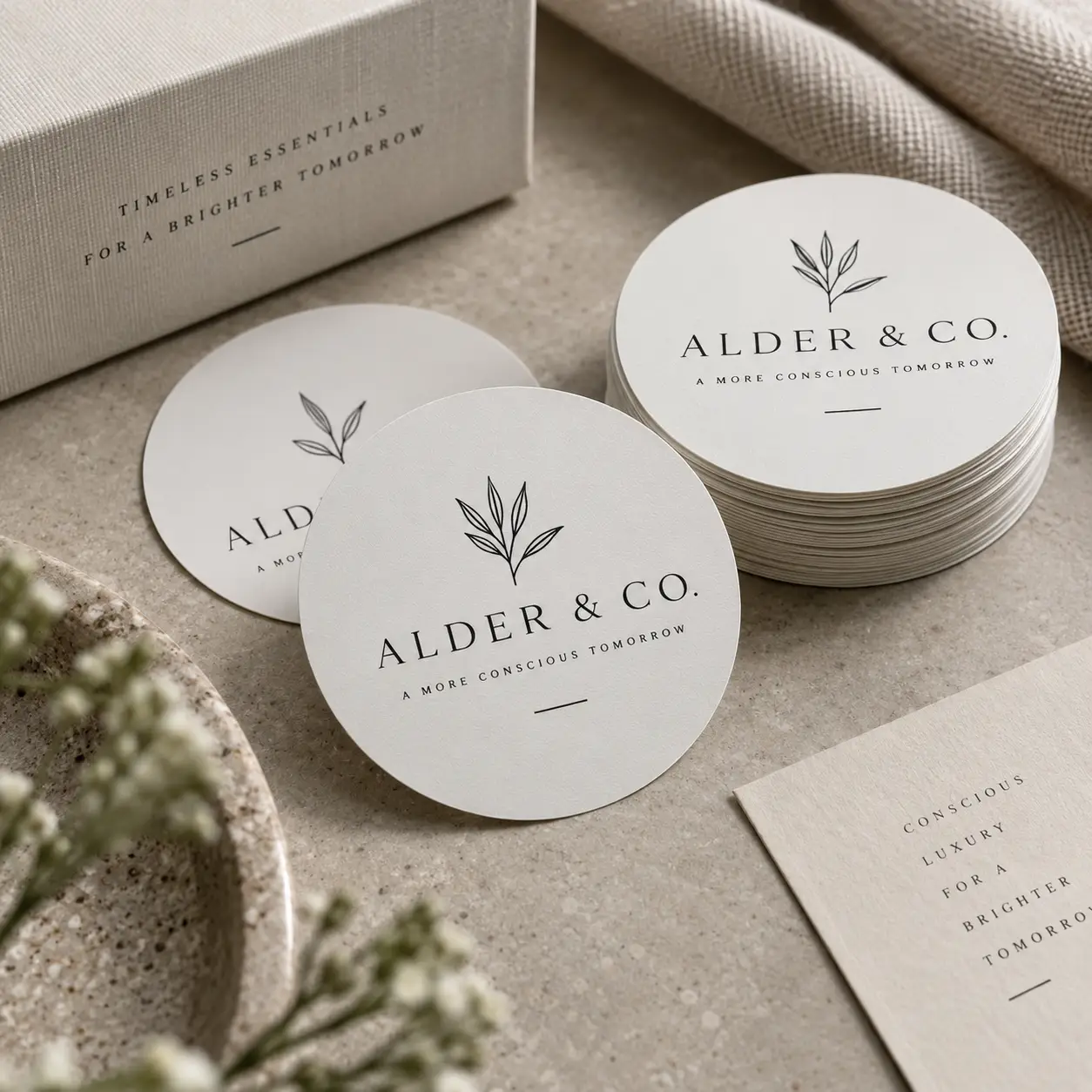 Elegant white round stickers for Alder & Co. brand displayed with luxury packaging box on beige stone surface