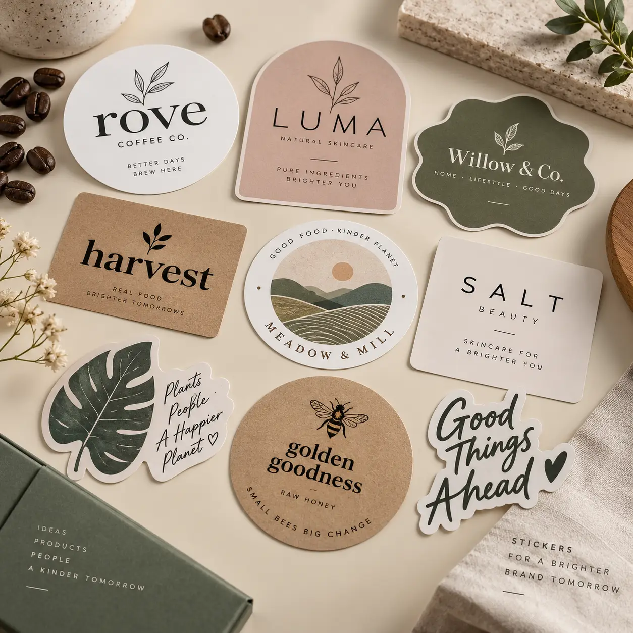 Custom brand stickers flat lay featuring eco-friendly labels in sage green, kraft brown, and blush pink for small businesses