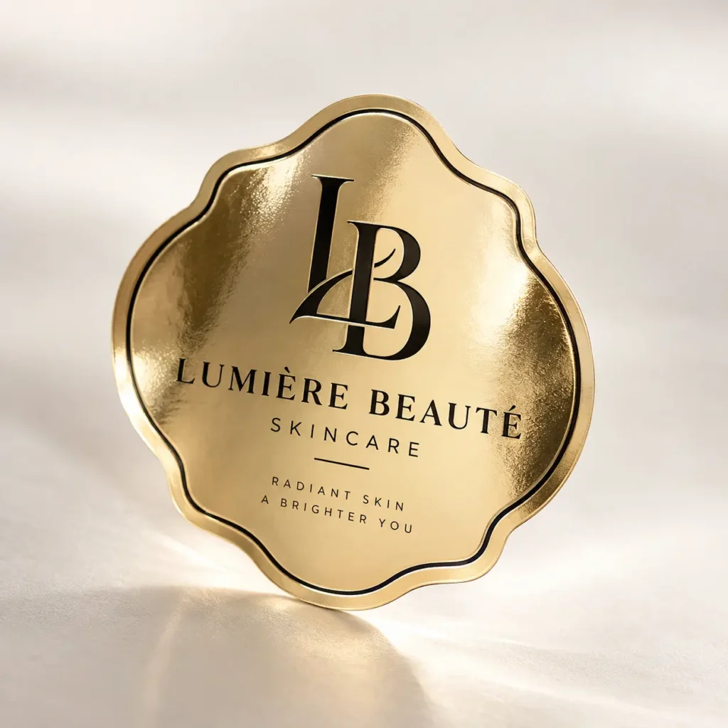 Gold luxury skincare logo badge for Lumière Beauté featuring LB monogram, scalloped edges, elegant black typography on metallic finish