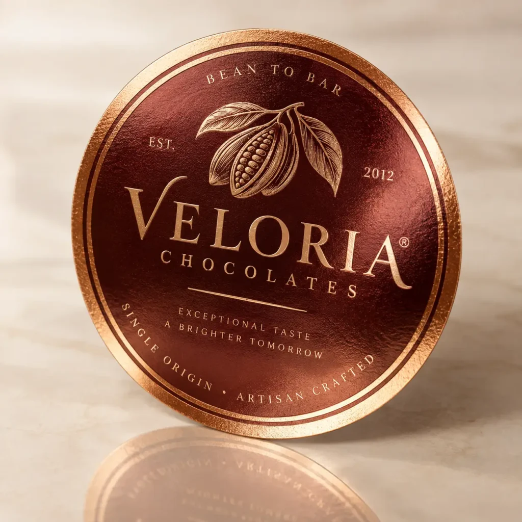 Veloria Chocolates luxury bean-to-bar circular tin packaging in deep burgundy and rose gold, artisan crafted single origin, est. 2012