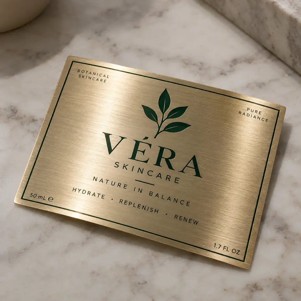 Gold brushed-metal skincare label for Véra Botanical Skincare on marble, featuring green leaf logo, luxury packaging design