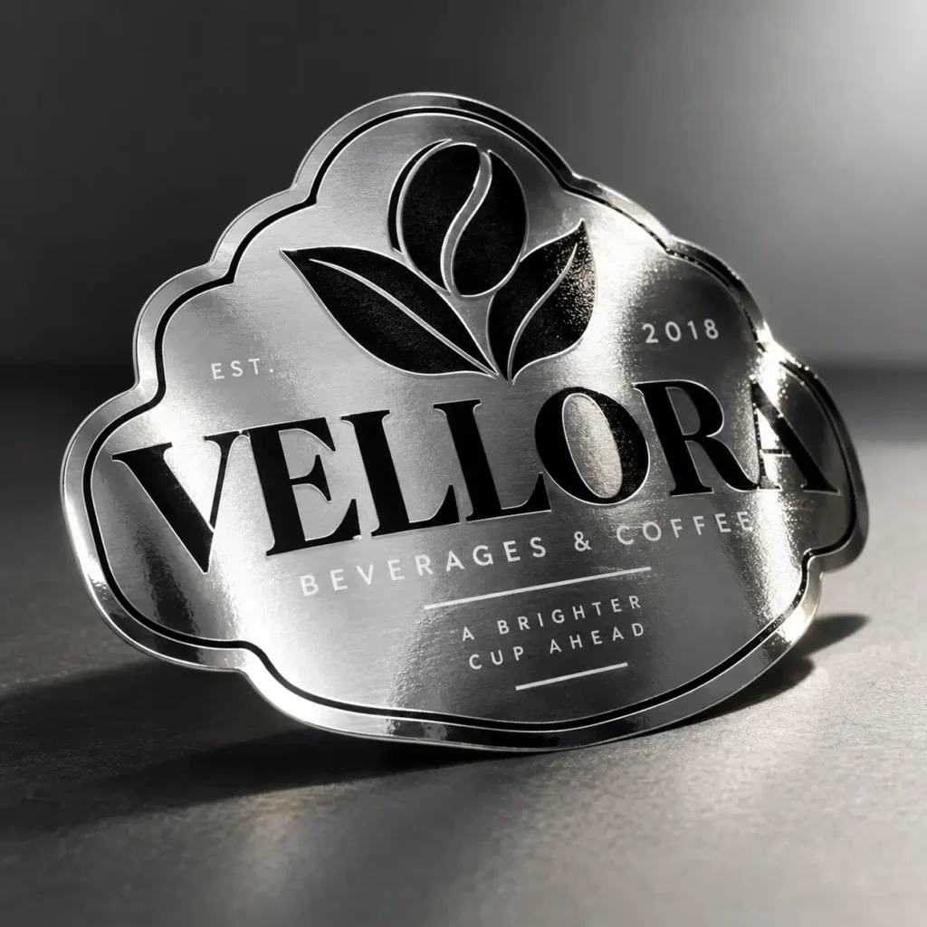 Polished silver metal badge logo for Vellora Beverages & Coffee, EST. 2018, with coffee bean emblem and tagline A Brighter Cup Ahead