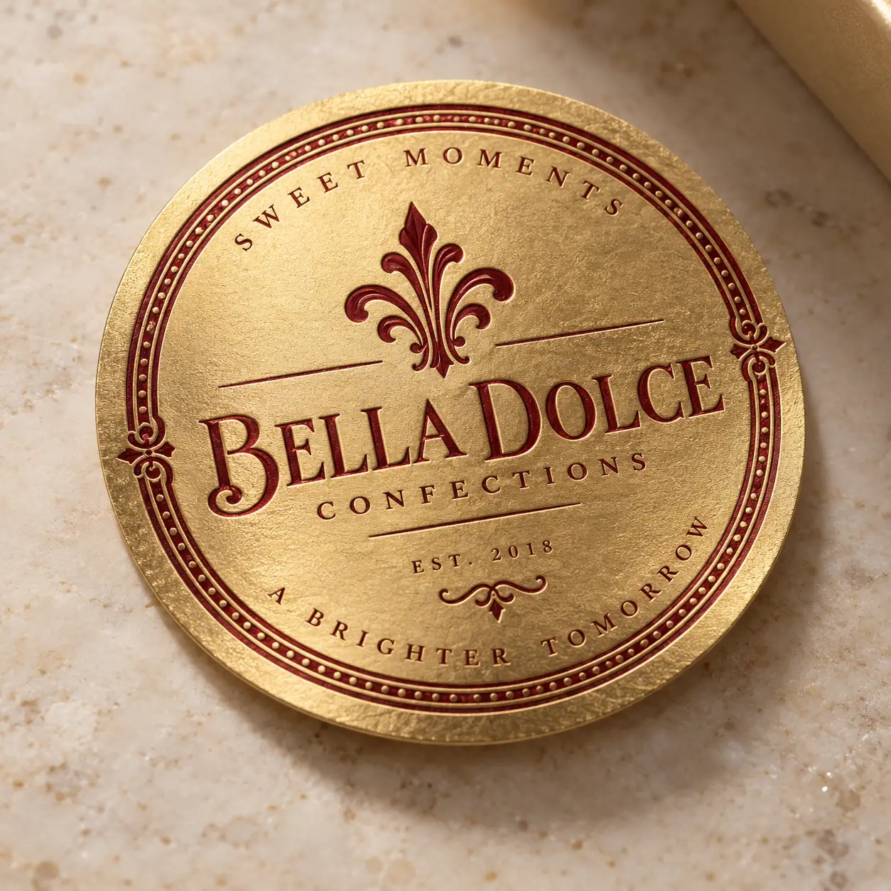 Gold embossed round label for Bella Dolce Confections, burgundy fleur-de-lis logo, EST. 2018, luxury bakery packaging design on marble