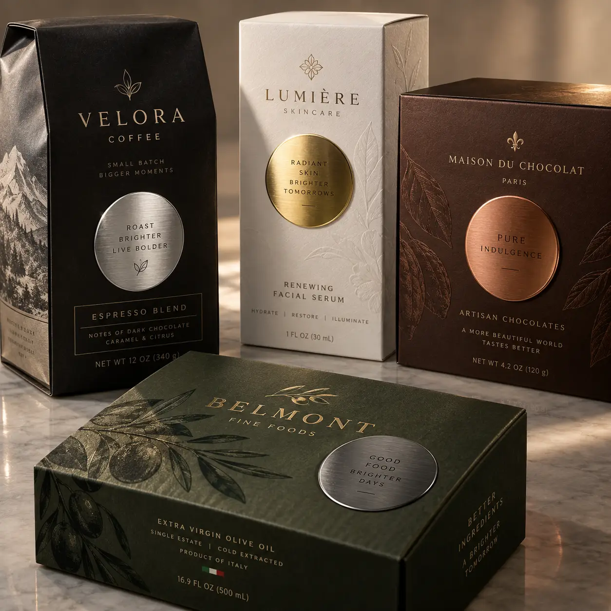 Luxury premium packaging design collection featuring black coffee bag, white skincare box, dark chocolate box, and olive oil box with metallic seals