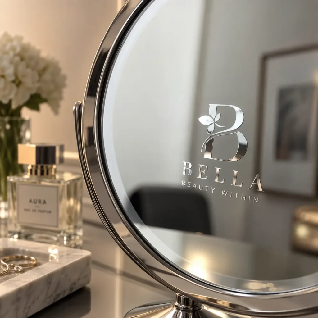 Bella Beauty Within silver logo engraved on luxury vanity mirror beside Aura perfume bottle and marble jewelry tray