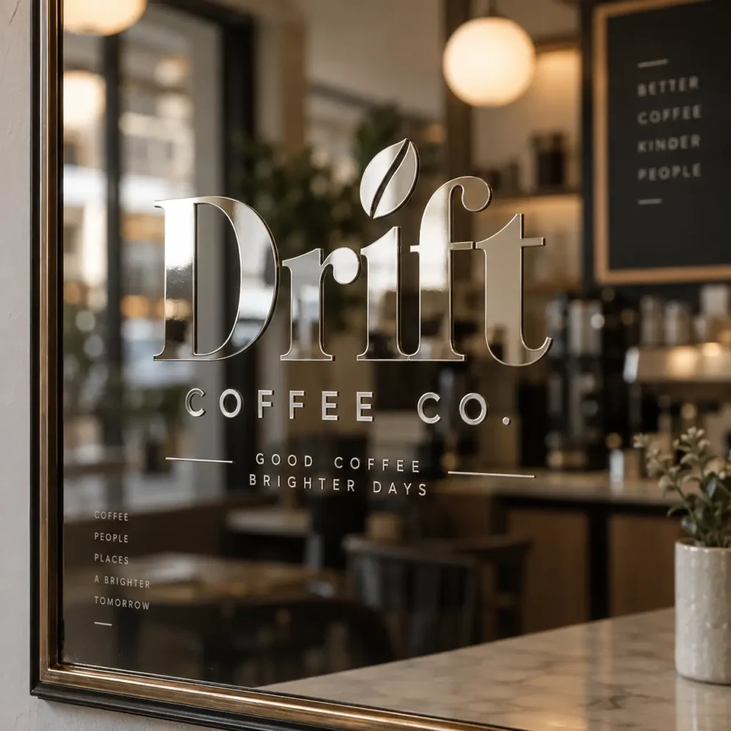 Drift Coffee Co. café signage on mirror with gold frame, tagline Good Coffee Brighter Days, warm interior, custom branding design