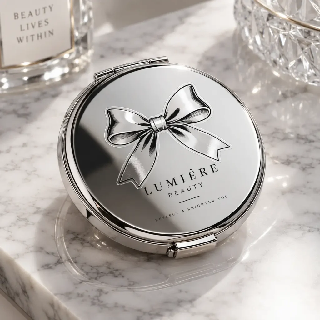 Silver luxury compact mirror with bow engraving, Lumière Beauty branding, marble surface, crystal accents, custom packaging design