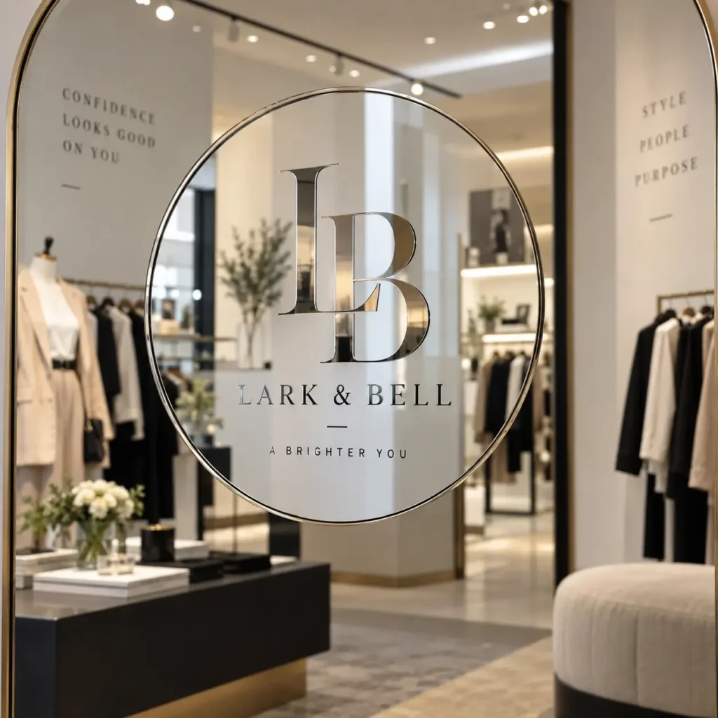 Lark & Bell luxury fashion boutique storefront with gold-framed mirror logo, minimalist white interior, neutral clothing displays