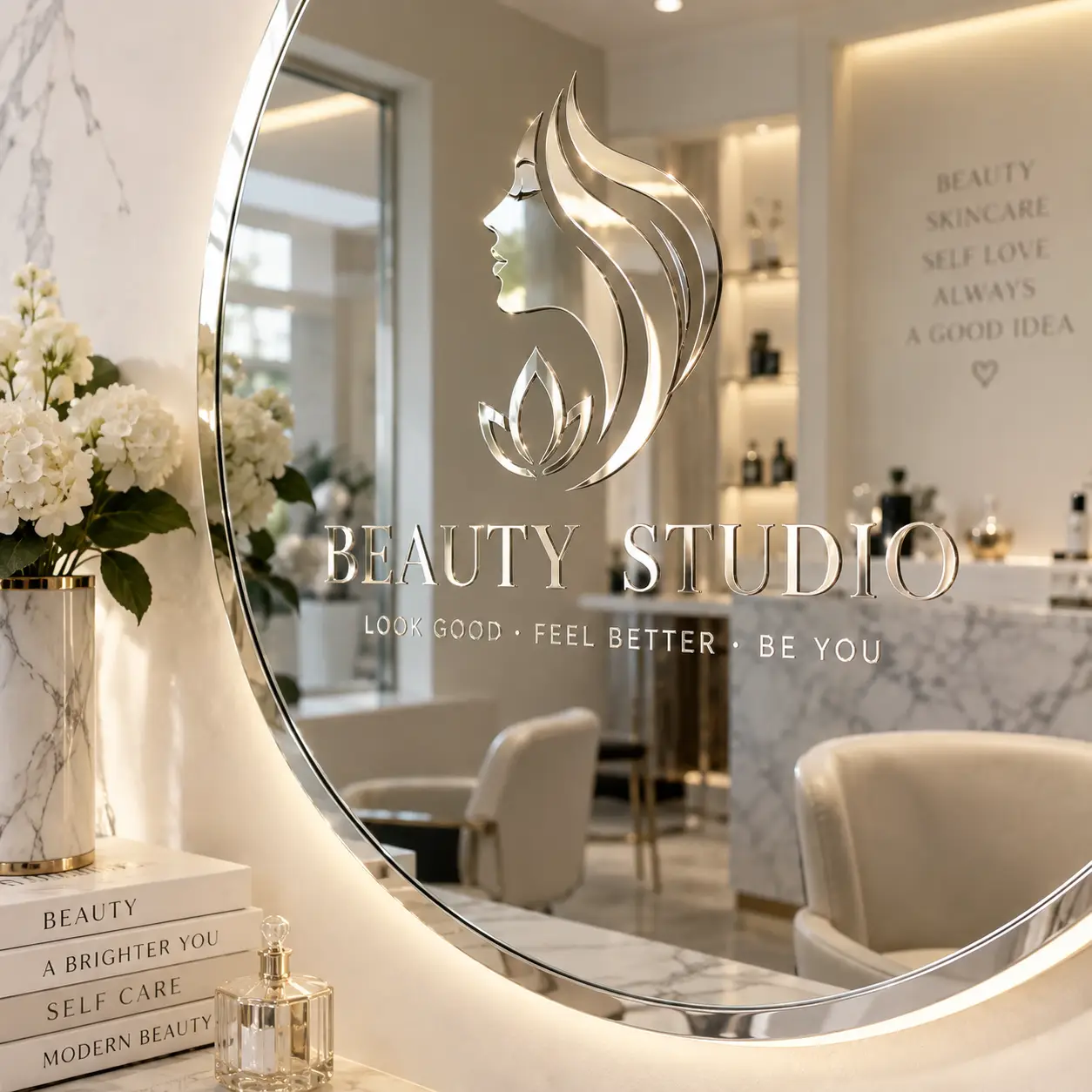 Elegant white beauty studio interior with round LED mirror displaying silver Beauty Studio logo, marble decor, and luxury skincare branding