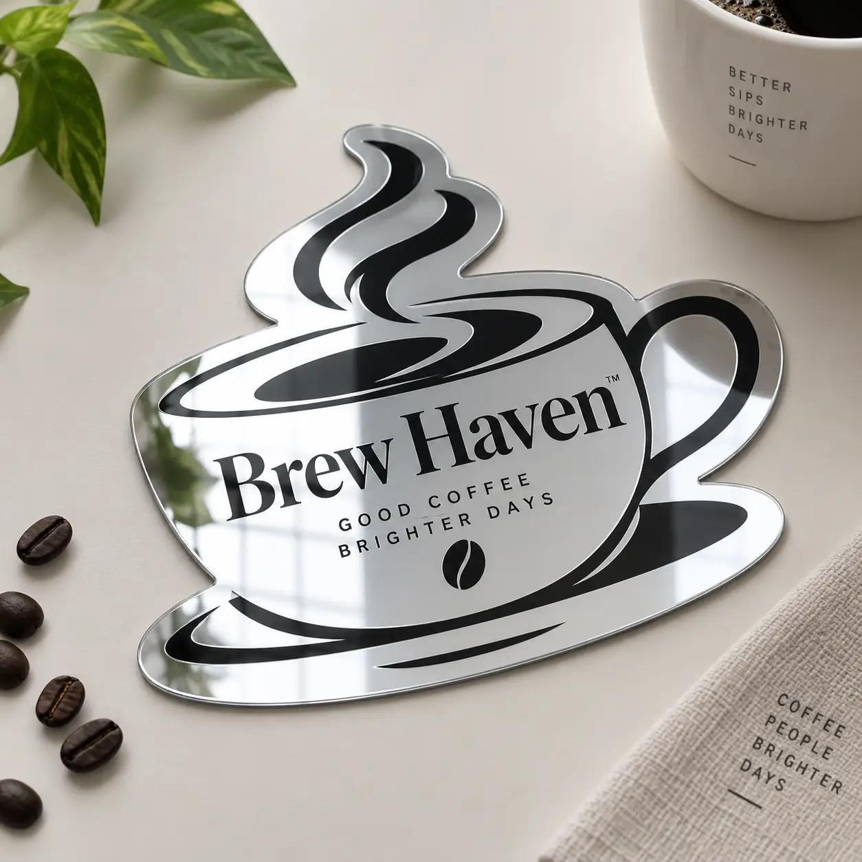 Brew Haven coffee brand mirror acrylic sticker with steaming cup logo, black & silver, surrounded by coffee beans and mug