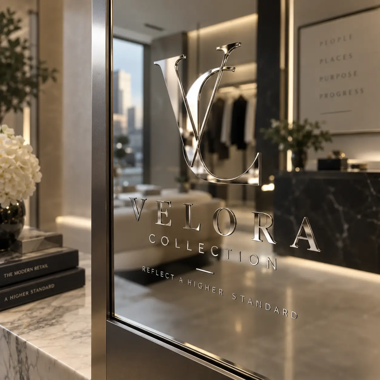 Velora Collection luxury retail storefront with silver VC monogram logo on glass, marble counter, and elegant boutique interior