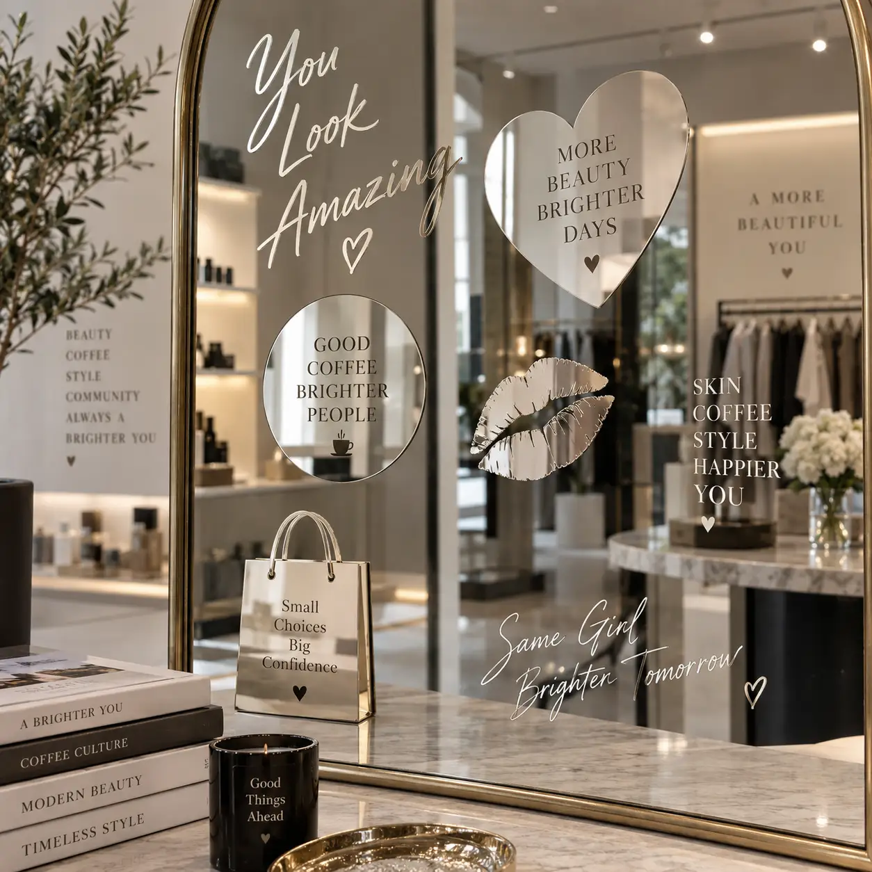 Luxury beauty store mirror with gold frame displaying motivational quotes, mirrored shopping bag, heart, and lips decals in elegant boutique