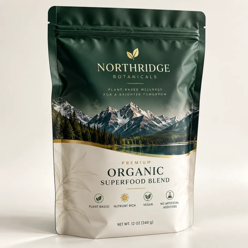 Northridge Botanicals premium organic superfood blend 12oz dark green resealable pouch with mountain lake landscape and gold accents