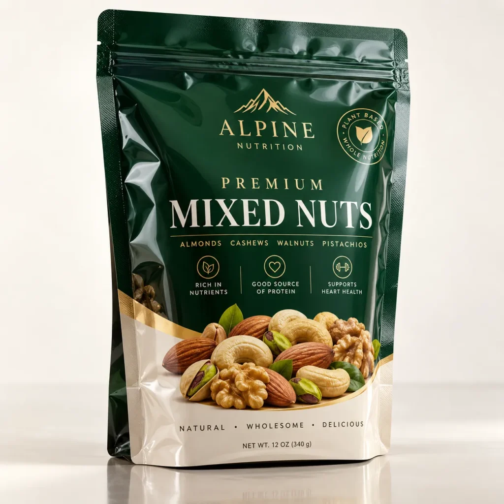 Premium Alpine Nutrition mixed nuts resealable green gold pouch with almonds cashews walnuts pistachios 12oz food packaging design