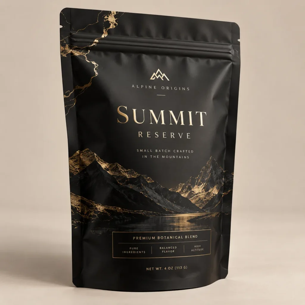 Black matte luxury stand-up pouch design for Alpine Origins Summit Reserve premium botanical blend with gold foil mountain graphics