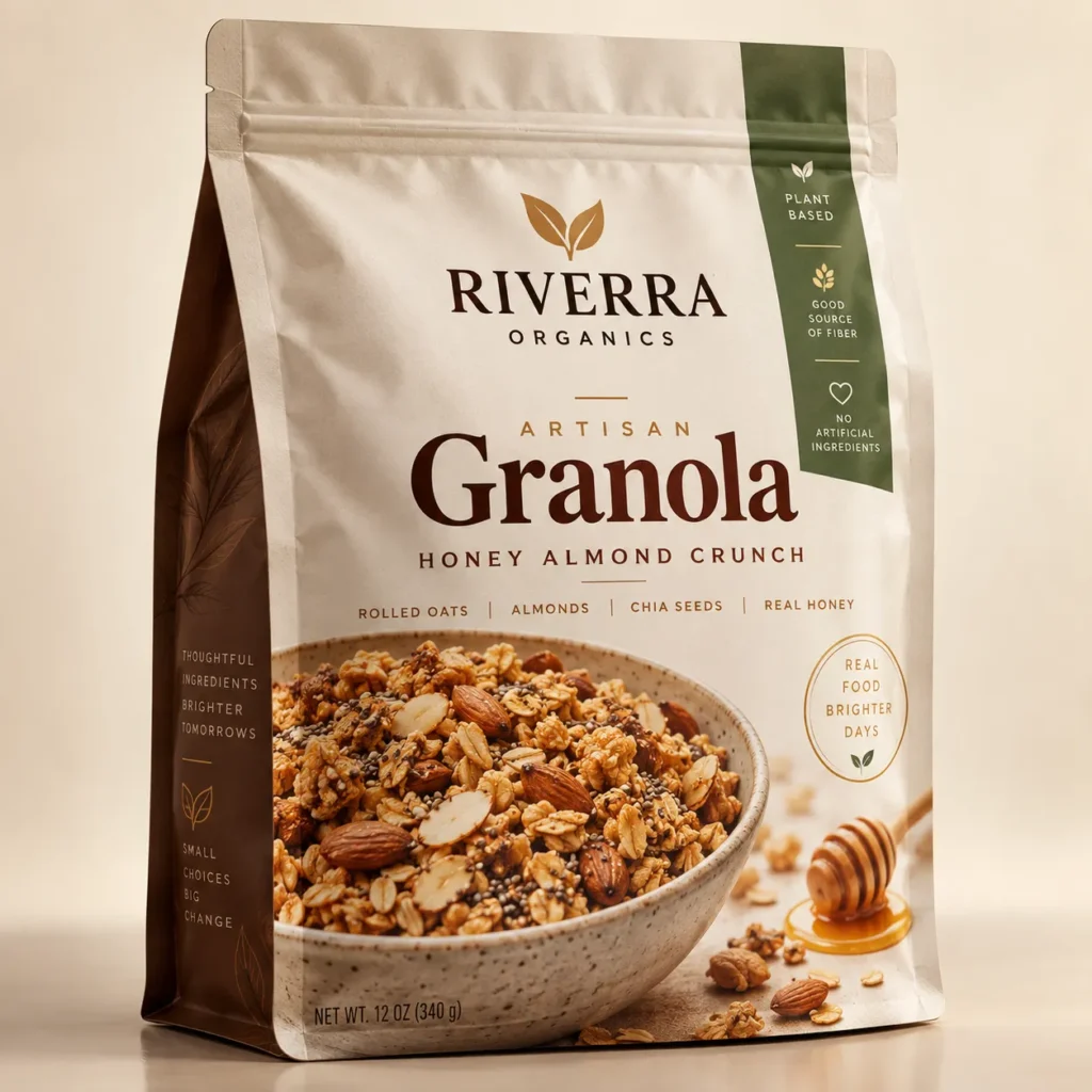 Riverra Organics artisan honey almond crunch granola bag, kraft beige pouch, green label, bowl of oats almonds chia seeds, honey dipper