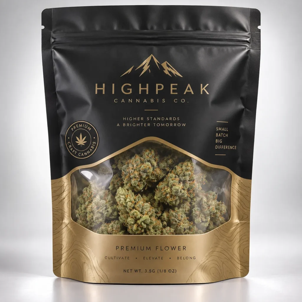 Premium black and gold cannabis packaging bag by High Peak Cannabis Co. displaying 3.5g craft flower through clear window