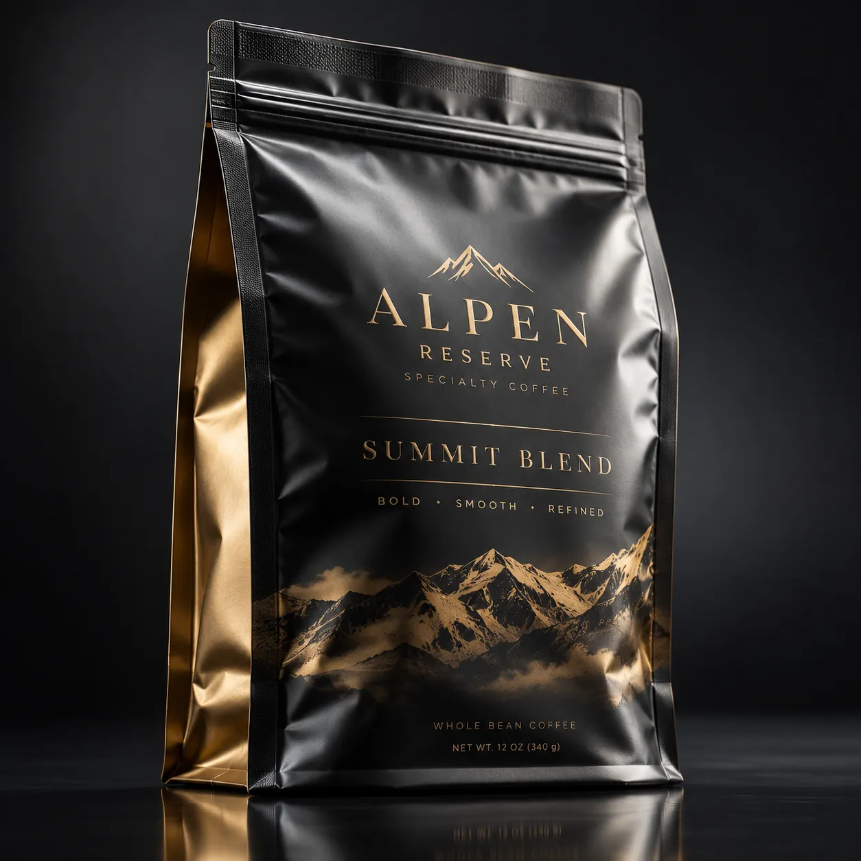 Luxury black gold coffee bag packaging design Alpen Reserve Summit Blend whole bean 12oz premium matte foil pouch