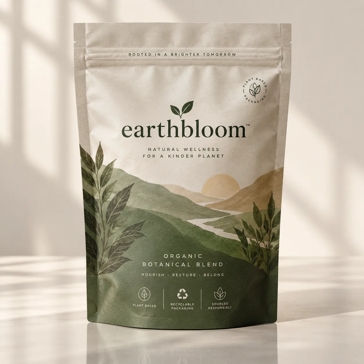 Earthbloom organic botanical blend eco-friendly kraft pouch packaging with green mountain landscape and plant-based recyclable badge