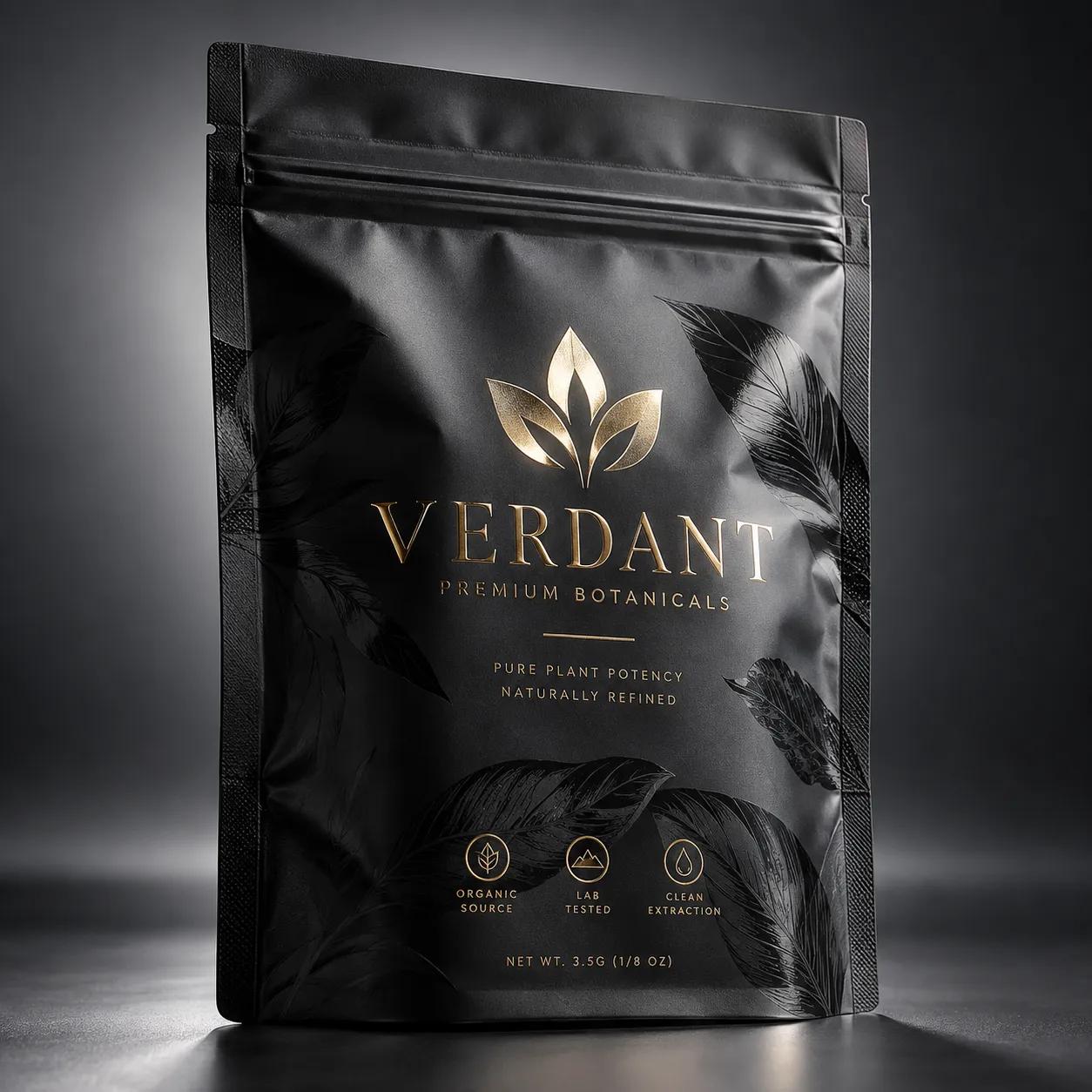 Verdant Premium Botanicals matte black resealable pouch with gold foil logo, botanical packaging design, 3.5g luxury supplement bag