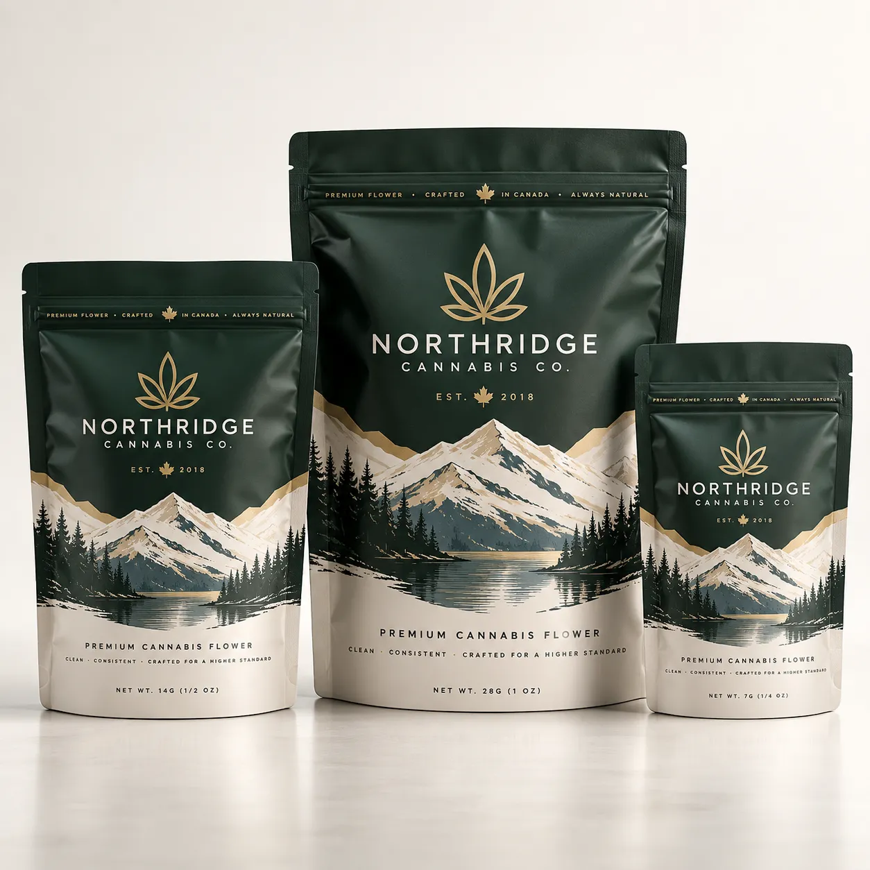 Three dark green and gold Northridge Cannabis Co premium flower mylar bags in 7g, 14g, and 28g sizes featuring mountain landscape design