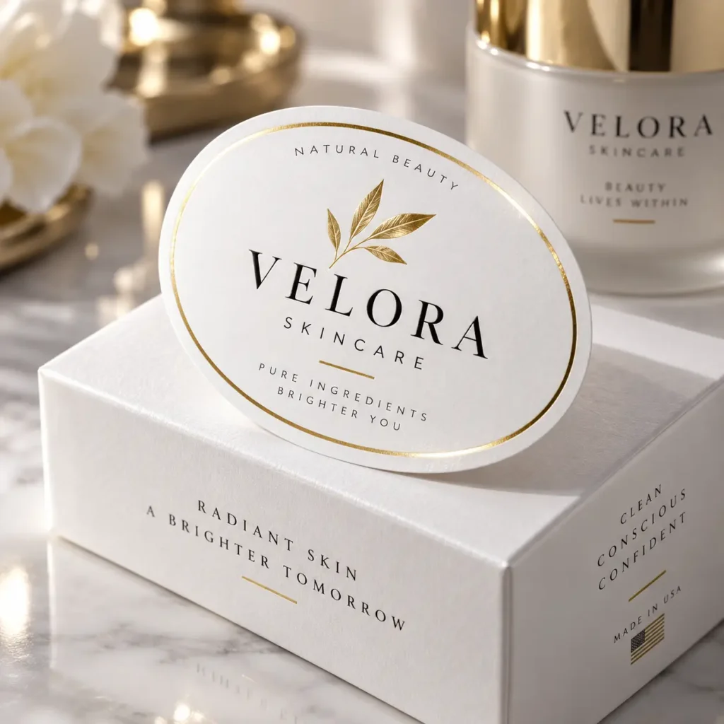 Velora Skincare luxury white gold packaging box with oval logo sticker, marble surface, premium beauty product branding USA