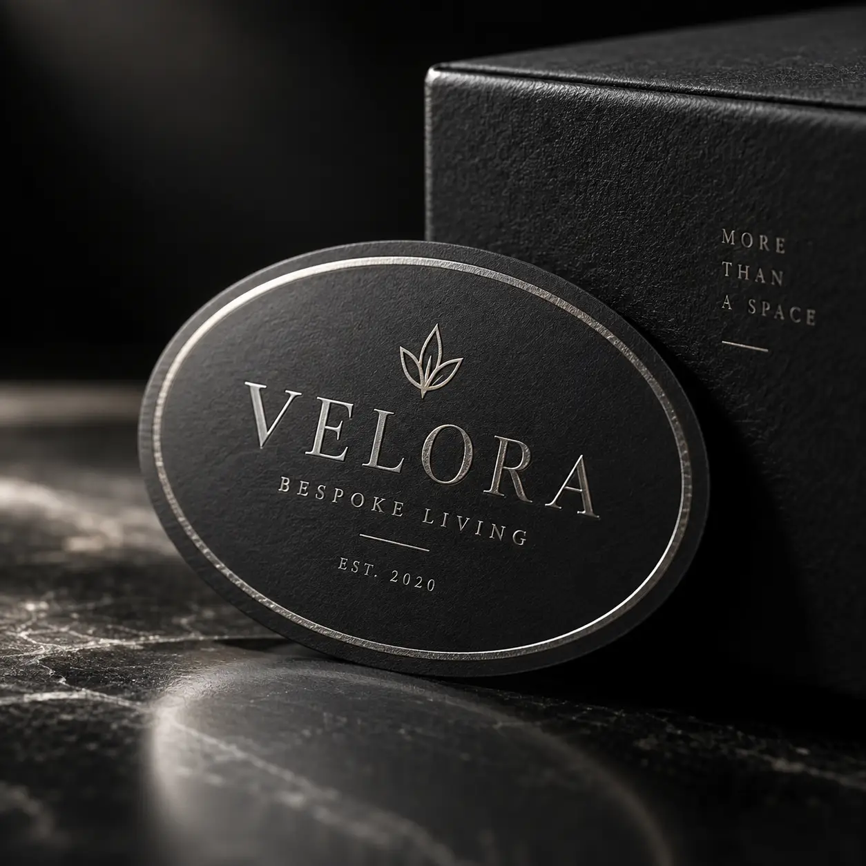 Luxury black oval business card with silver foil Velora Bespoke Living logo leaning against matte black gift box on dark marble