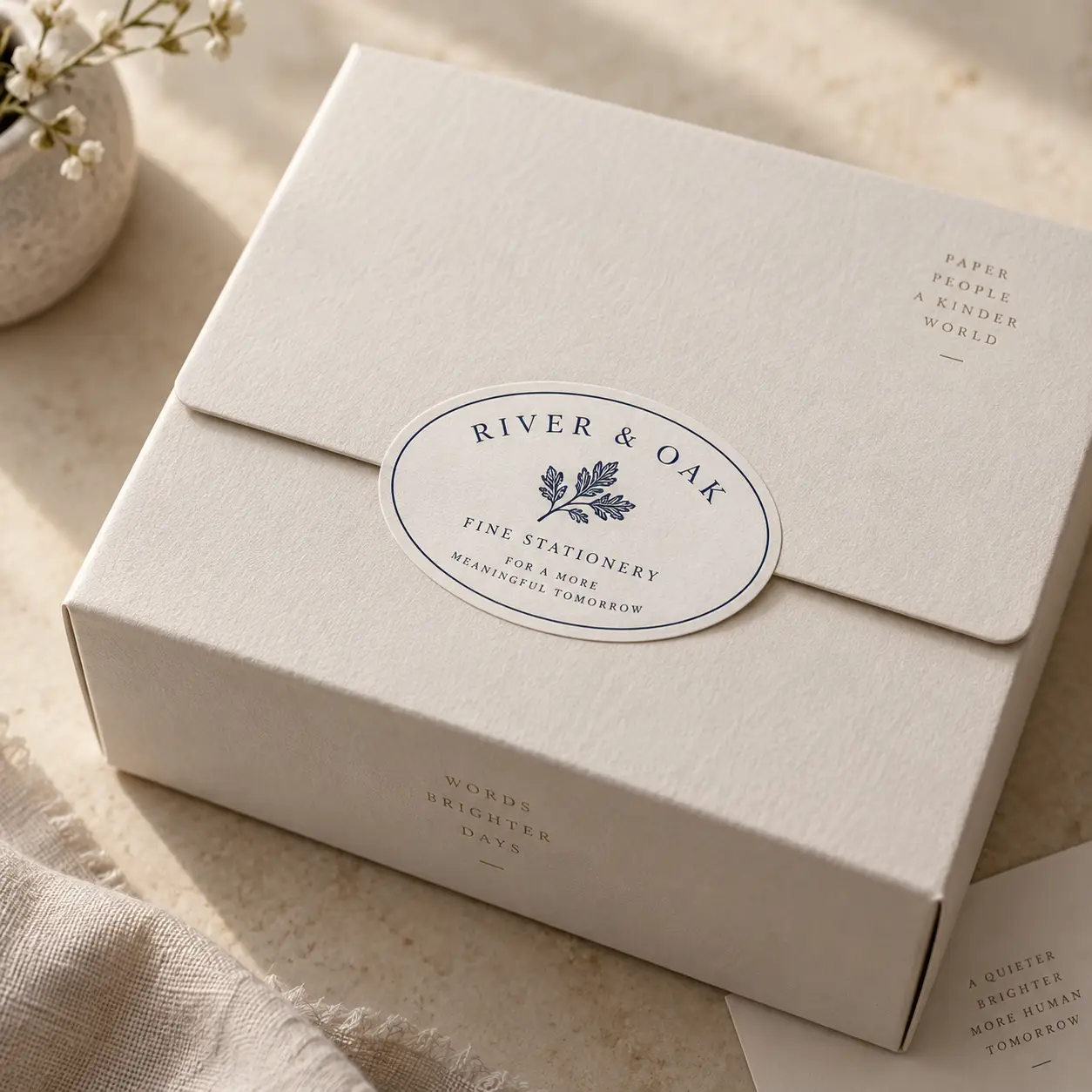 Elegant cream textured gift box sealed with navy River & Oak Fine Stationery oval label, minimalist luxury packaging design