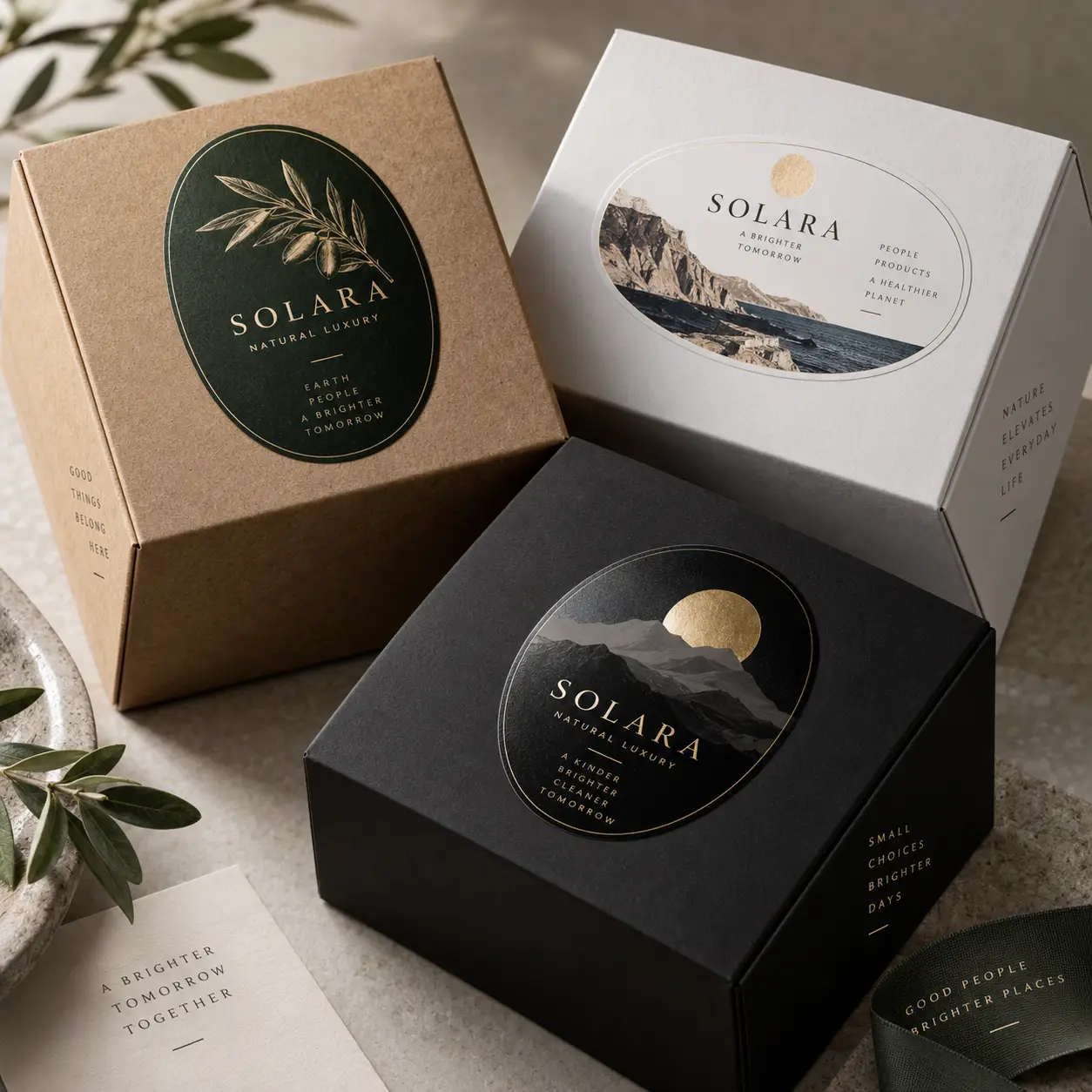 Three Solara Natural Luxury gift boxes in kraft, white, and black with gold foil oval labels and nature-inspired premium packaging design
