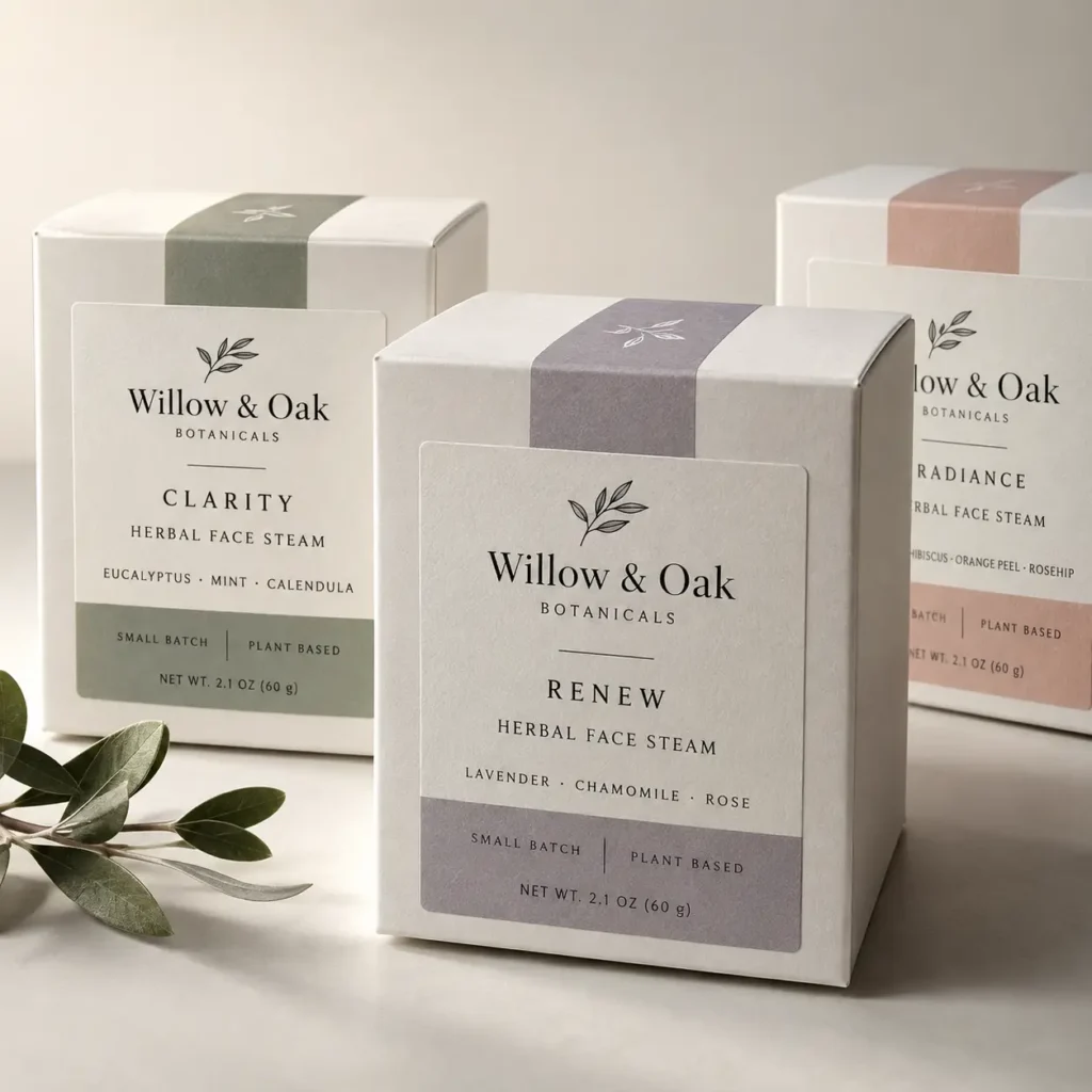 Three Willow & Oak Botanicals herbal face steam boxes in sage, lavender, and blush, small batch plant-based skincare packaging design