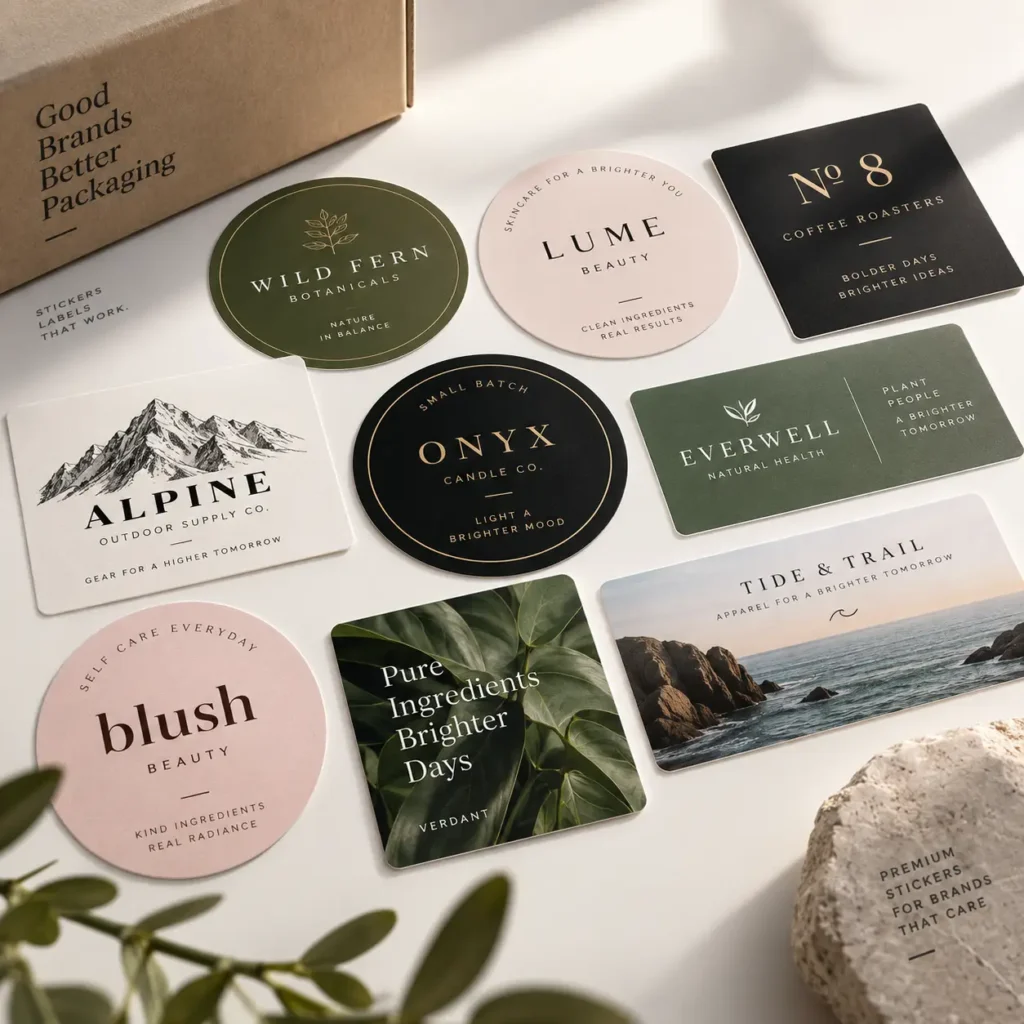 Premium custom brand stickers and labels collection featuring circular and rectangular designs in green, black, and pink tones for product packaging