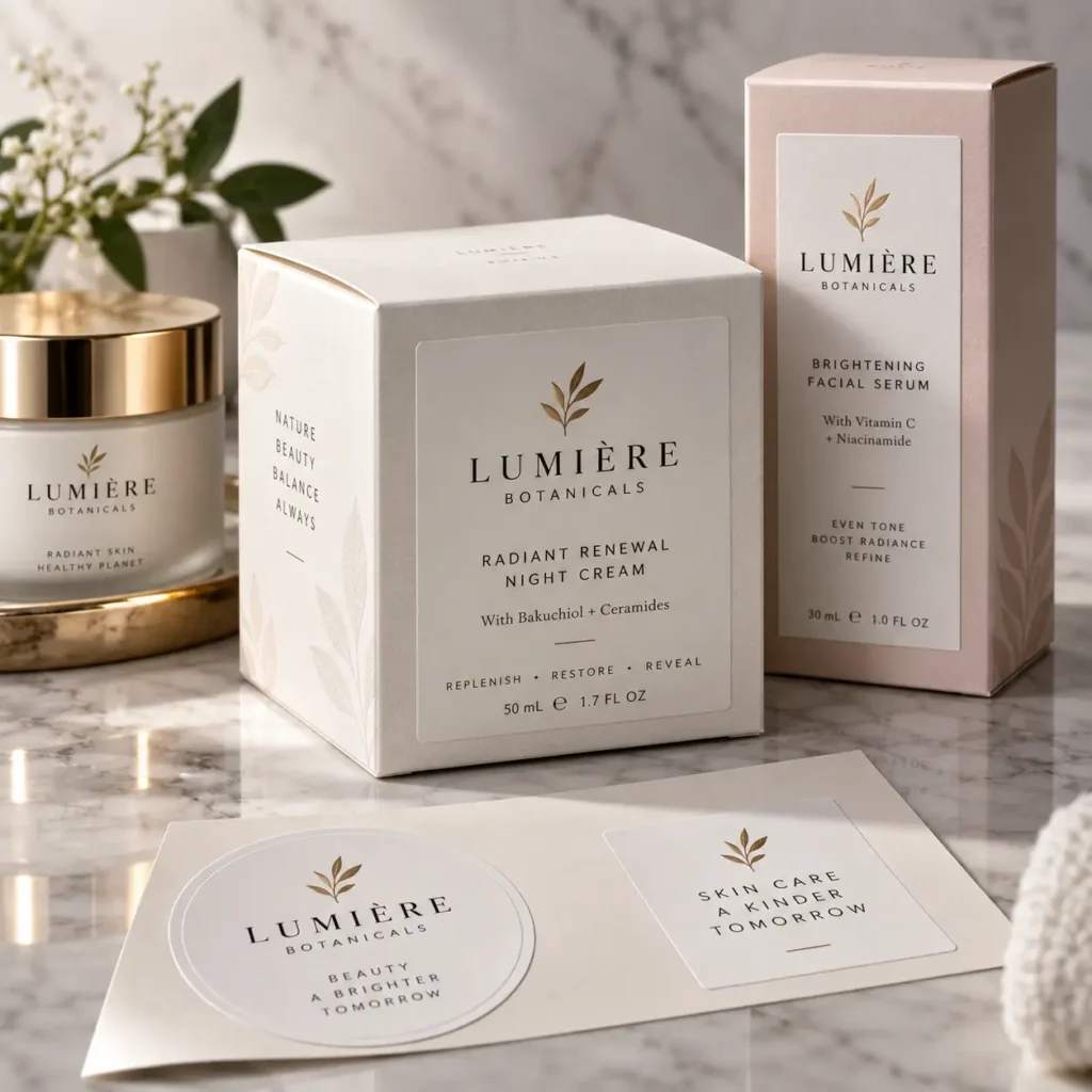Lumière Botanicals luxury skincare packaging set featuring white night cream box, blush pink serum box, and branded stickers on marble