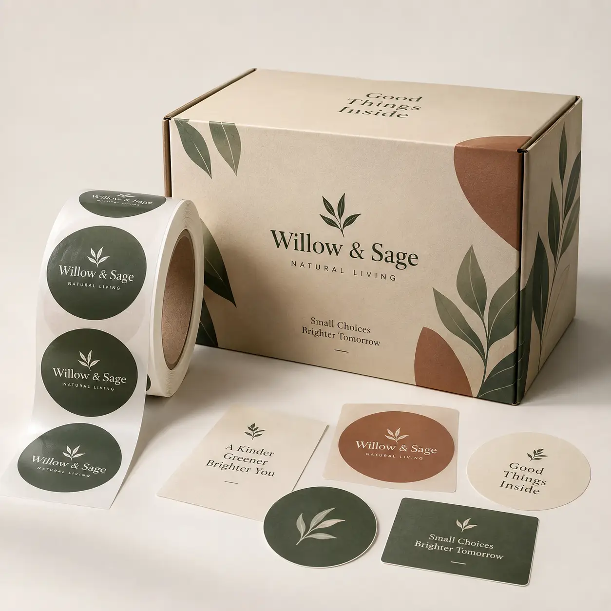 Custom branded packaging set for Willow & Sage Natural Living featuring sage green sticker roll, botanical kraft box, and label samples