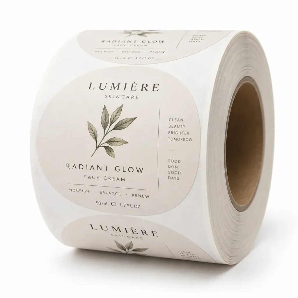 Round beige skincare product labels on roll featuring Lumière Radiant Glow Face Cream botanical leaf design custom stickers