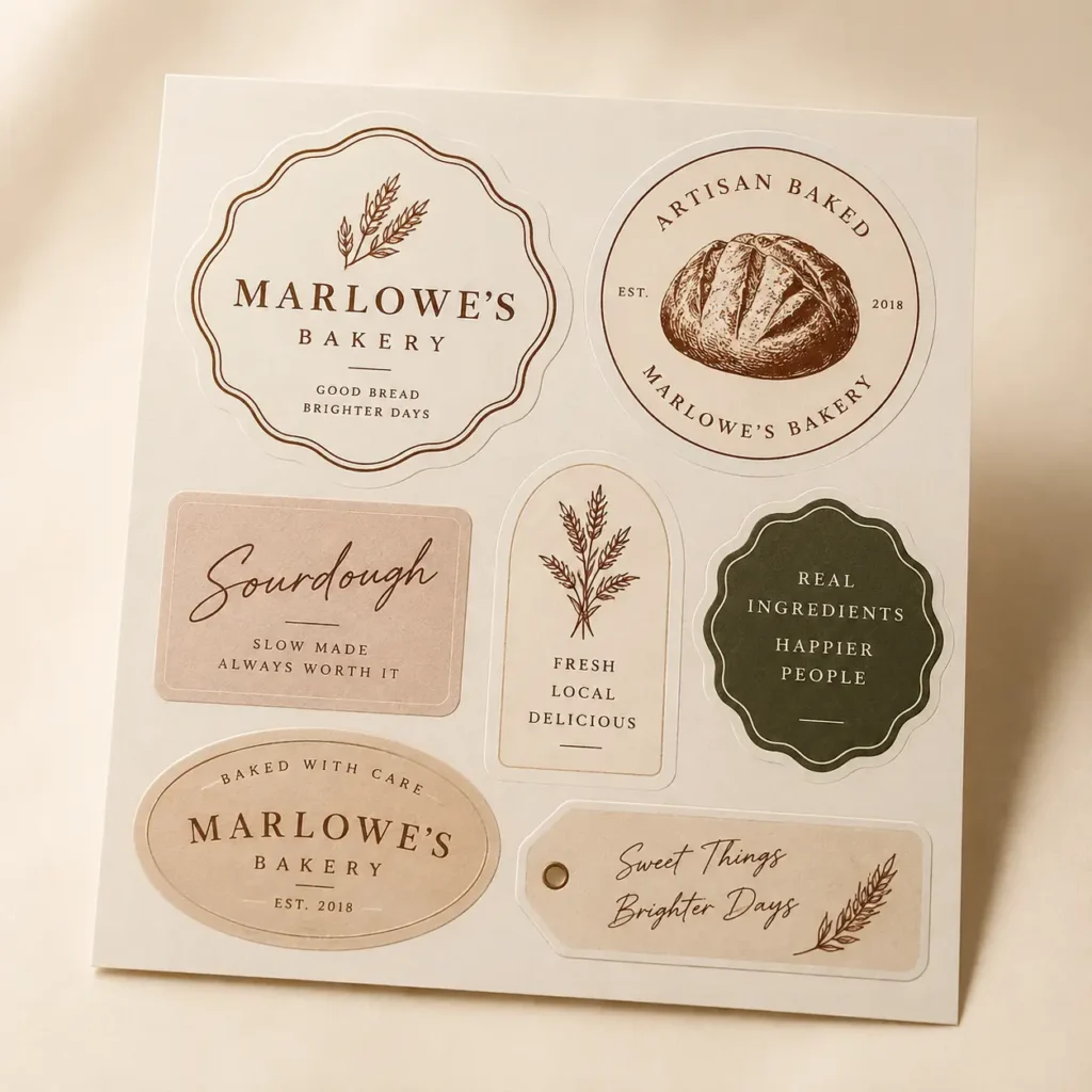 Custom bakery sticker sheet for Marlowe's Bakery featuring warm beige and forest green labels with wheat illustrations and artisan bread logo