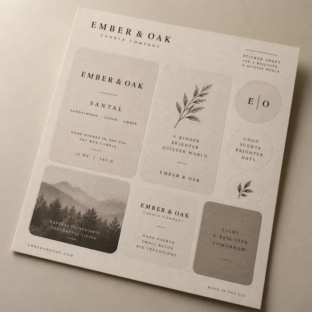 Ember & Oak Candle Co beige sticker sheet with botanical labels, forest landscape, and minimalist branding for soy wax candles
