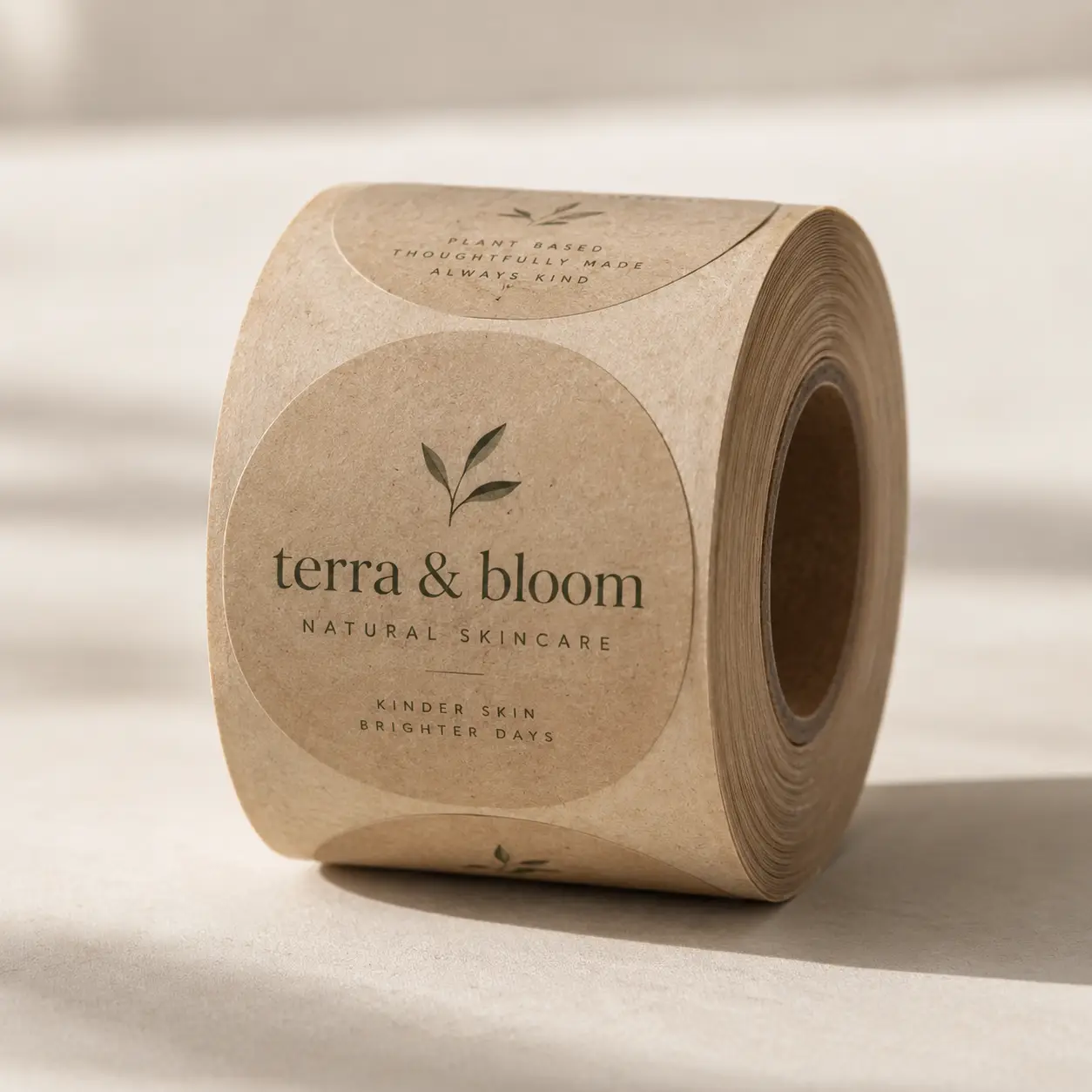 Roll of round kraft paper sticker labels for Terra & Bloom Natural Skincare with green botanical logo, eco-friendly custom product labels