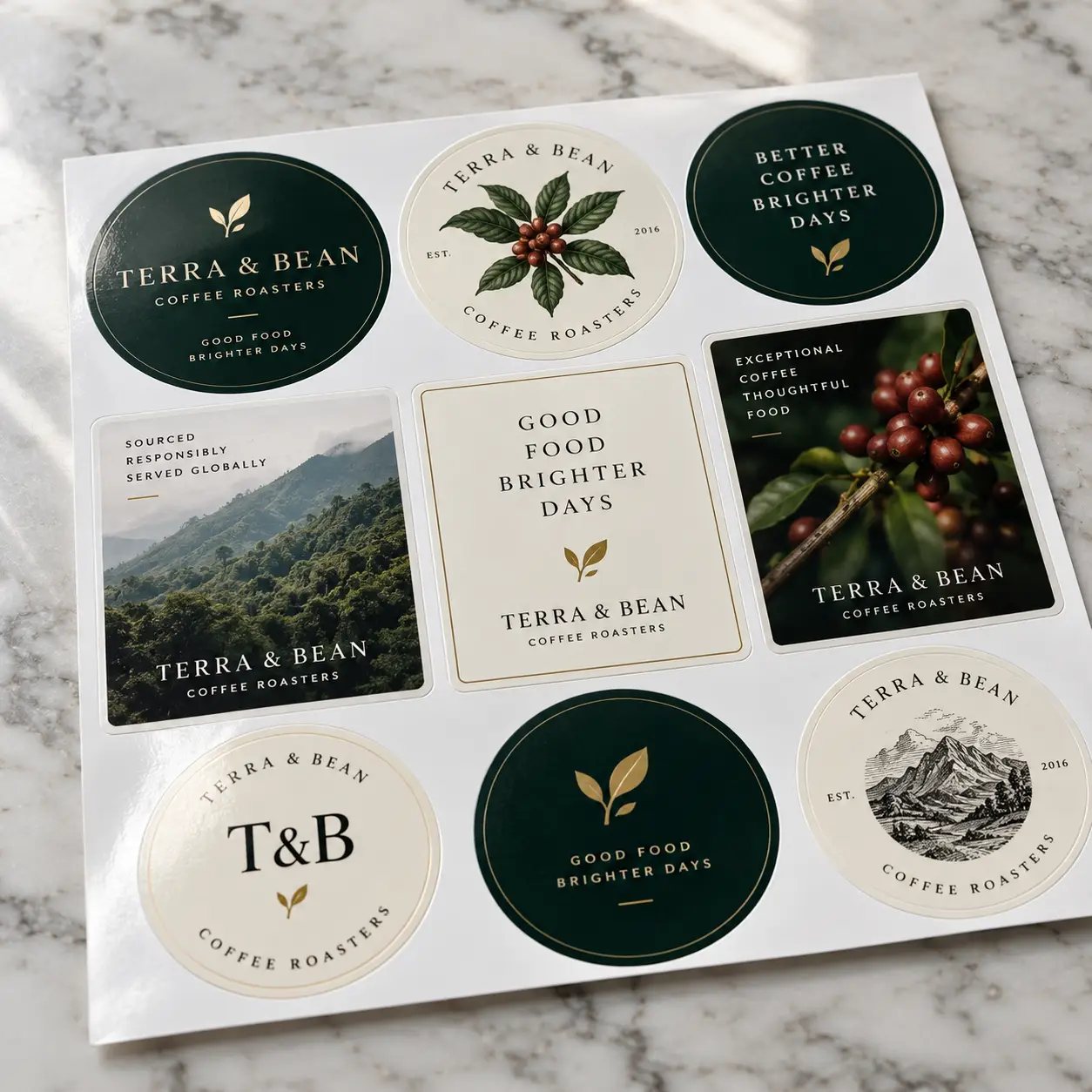 Custom sticker sheet for Terra & Bean Coffee Roasters featuring 9 dark green, cream, and gold branded stickers on marble surface