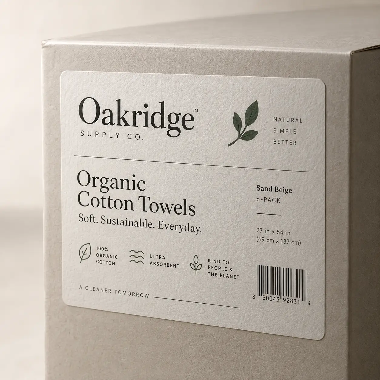 Oakridge Supply Co organic cotton towels sand beige 6-pack minimalist gray kraft box packaging label design